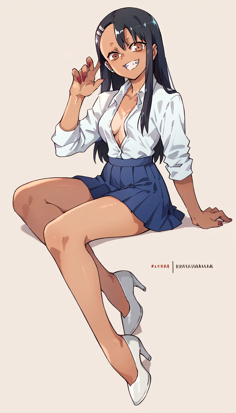 Hayase Nagatoro, White unbuttoned shirt, blue pleated skirt, white heels, red nails 