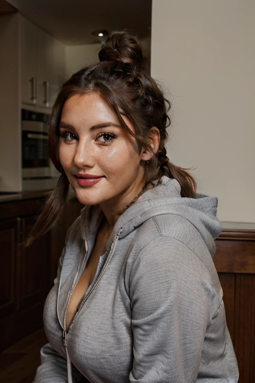 Lucy Pinder, portrait, face portrait, Red lips, smiling, voluptuous, Straight hair, Brown hair, Hair up in a bun, braid in hair, Gray sweatshirt, hood, Cowboys.