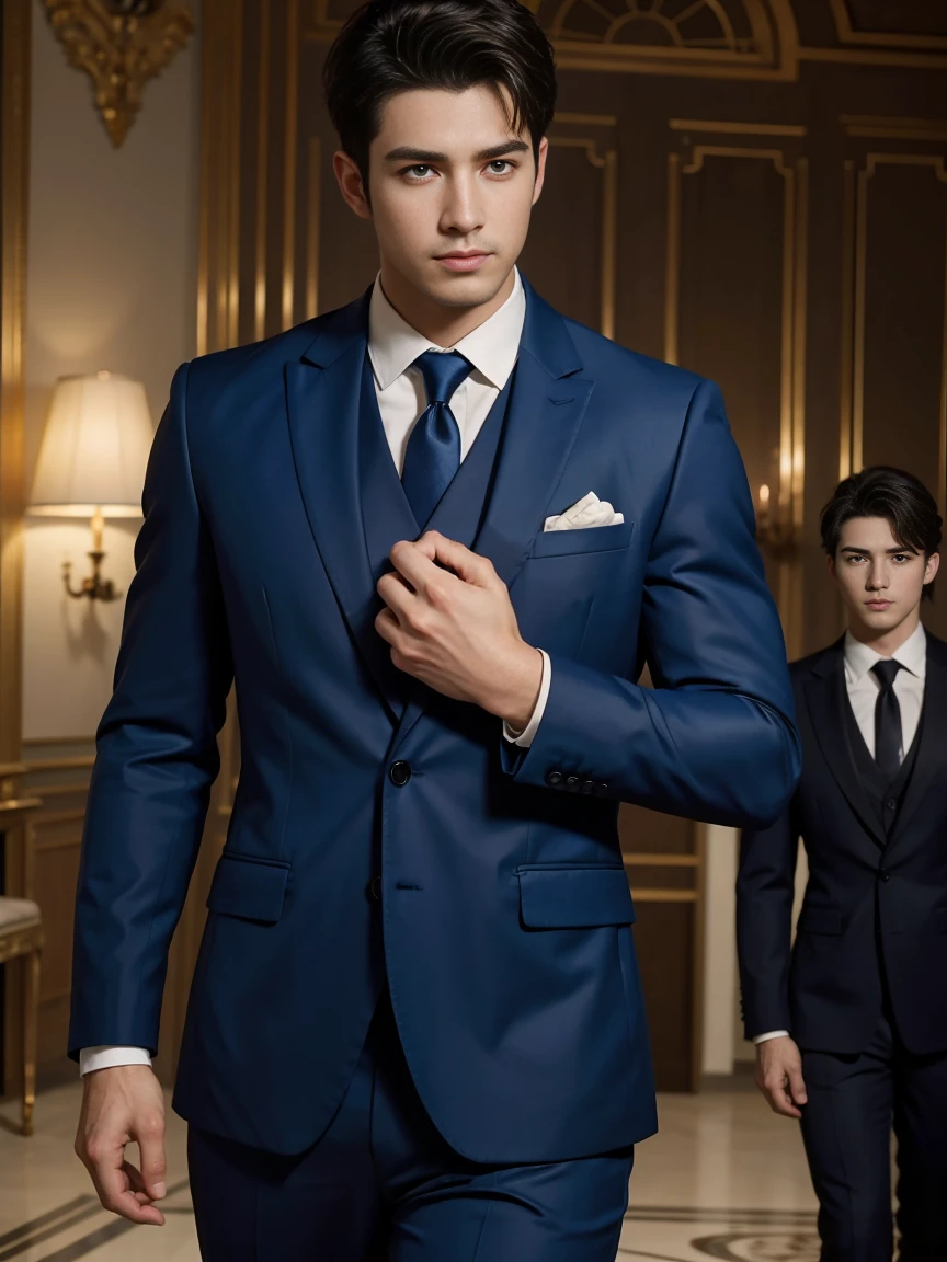 ((masterpiece)),((best quality)),8K,high detail,Very detailed, Very manly，3 men, like，fashion pose, Realistic skin texture, Light,
Royal blue style couple，Perfect hand details