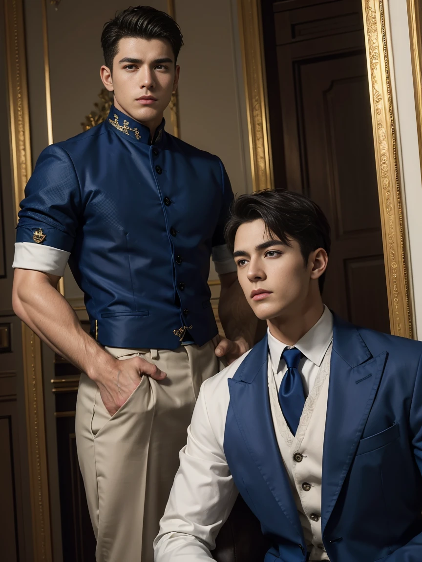 ((masterpiece)),((best quality)),8K,high detail,Very detailed, Very manly,3 men, like,fashion pose, Realistic skin texture, Light,
Royal blue style couple,Perfect hand details