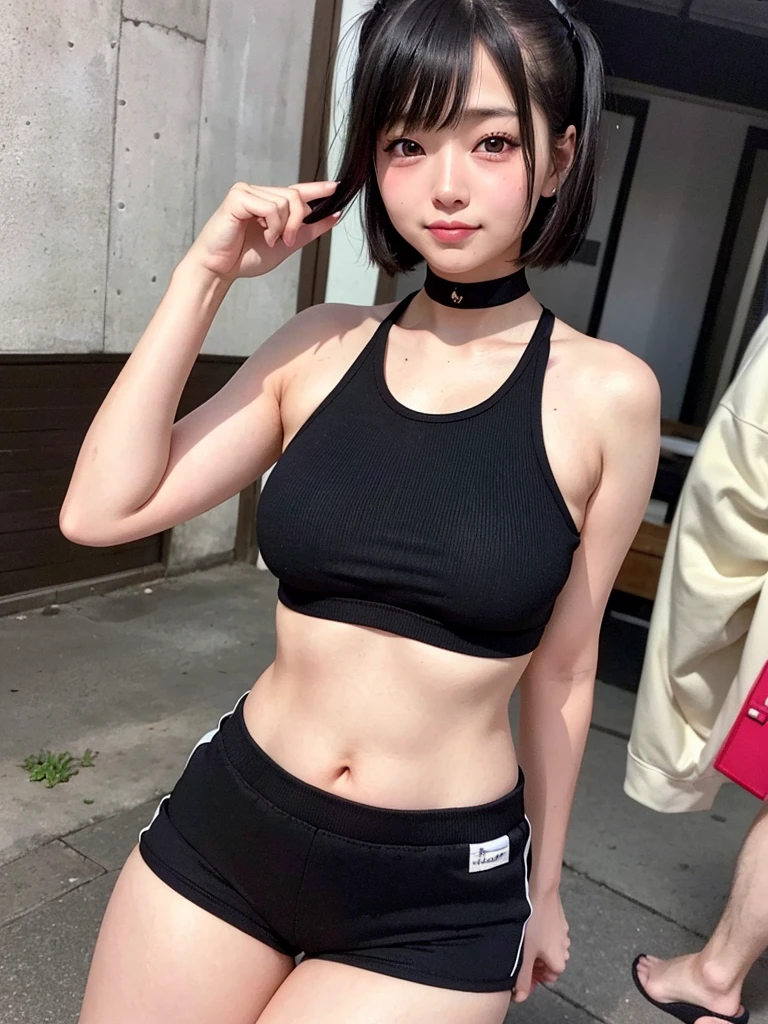 What a Japanese girl born in 2003 will look like in 2024。Stylish clothing。Armpit sweat。Landmine makeup。Heavy makeup。eye make up。Droopy eyes。Young face。Chubby。Provocative smile。Plump young girl。Young thighs。Photos taken outdoors in busy areas。Shorts。Arm warmers