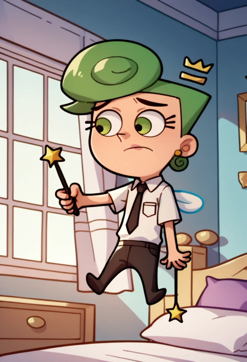 Score_9_up, score_8_up, score_7_up, 1boy, green hair, white shirt, black tie, black pants, green eyes, crown, wings, floating, wand, solo, bedroom, Expressiveh