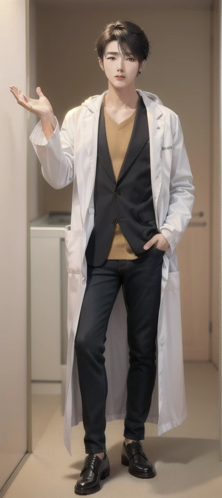 (Fair skin),((white lab coat)), (black hoodie underneath),Iris,(gender: Natural Face),(Japanese),(leather shoes),long body,handsome young asian man, Japanese idol style, short clean-cut hair, (center part), calm confident expression, hands in lab coat pockets, plain white background, portrait, high quality, detailed, 8K