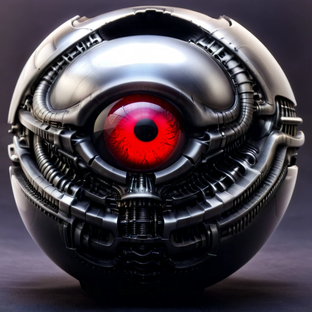 a pure black and opal mechanical orb, giger style, blackcarvingcd_xl , blood red eye aura,