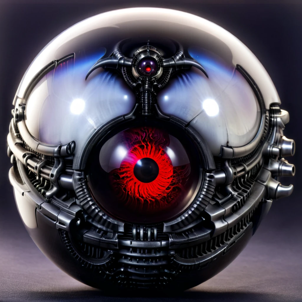 a pure black and opal mechanical orb, giger style, blackcarvingcd_xl , blood red eye aura,