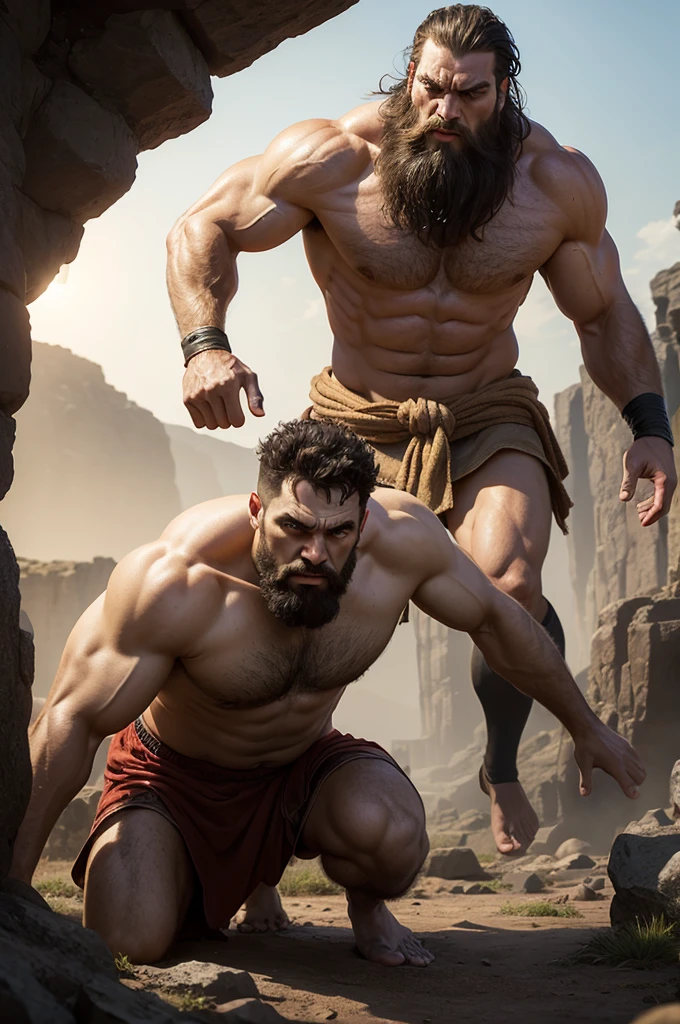 create an image of the giant Goliath from the Bible fighting David