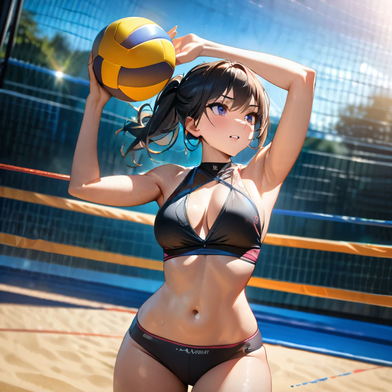 a beautiful girl playing beach volleyball on a sunny beach, athletic woman in bikini spiking the ball, detailed face and body, detailed volleyball court, clear blue sky background, dynamic action pose, masterpiece, high quality, intricate details, stunning colors, warm lighting, golden hour, (best quality,4k,8k,highres,masterpiece:1.2),ultra-detailed,HDR,UHD,studio lighting,ultra-fine painting,sharp focus,physically-based rendering,extreme detail description,professional,vivid colors,bokeh,side view,
