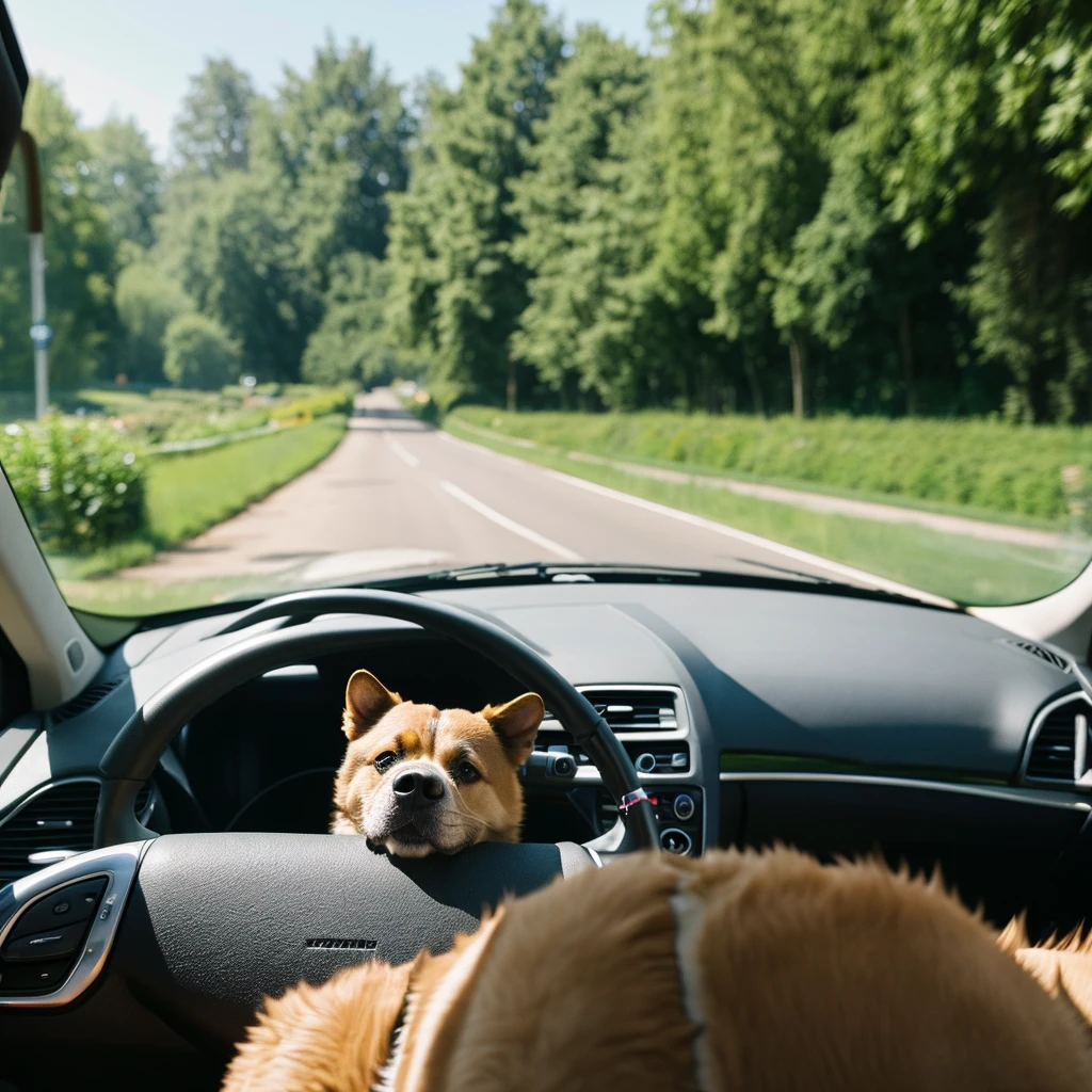 A dog inside a car driving down an avenue. The image is seen from the front. during the day 