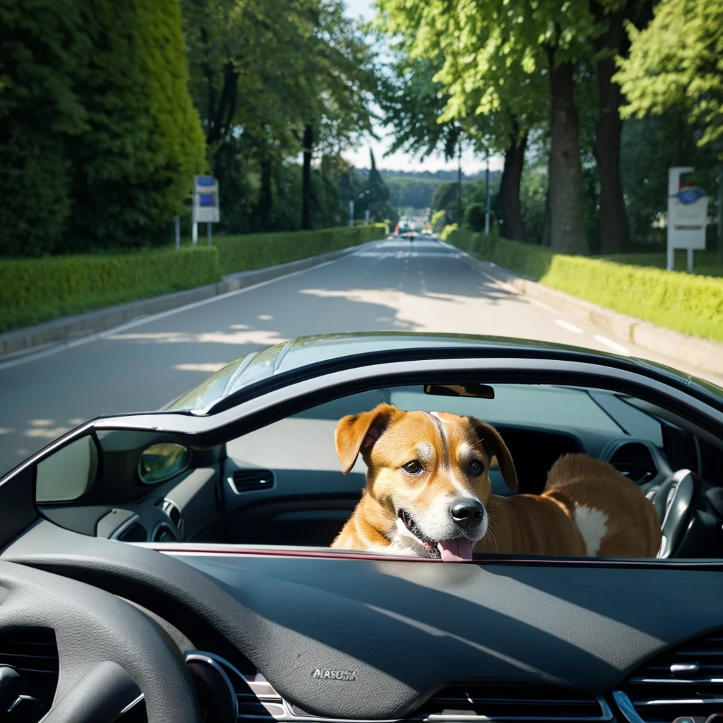 A dog inside a car driving down an avenue. The image is seen from the front. during the day
