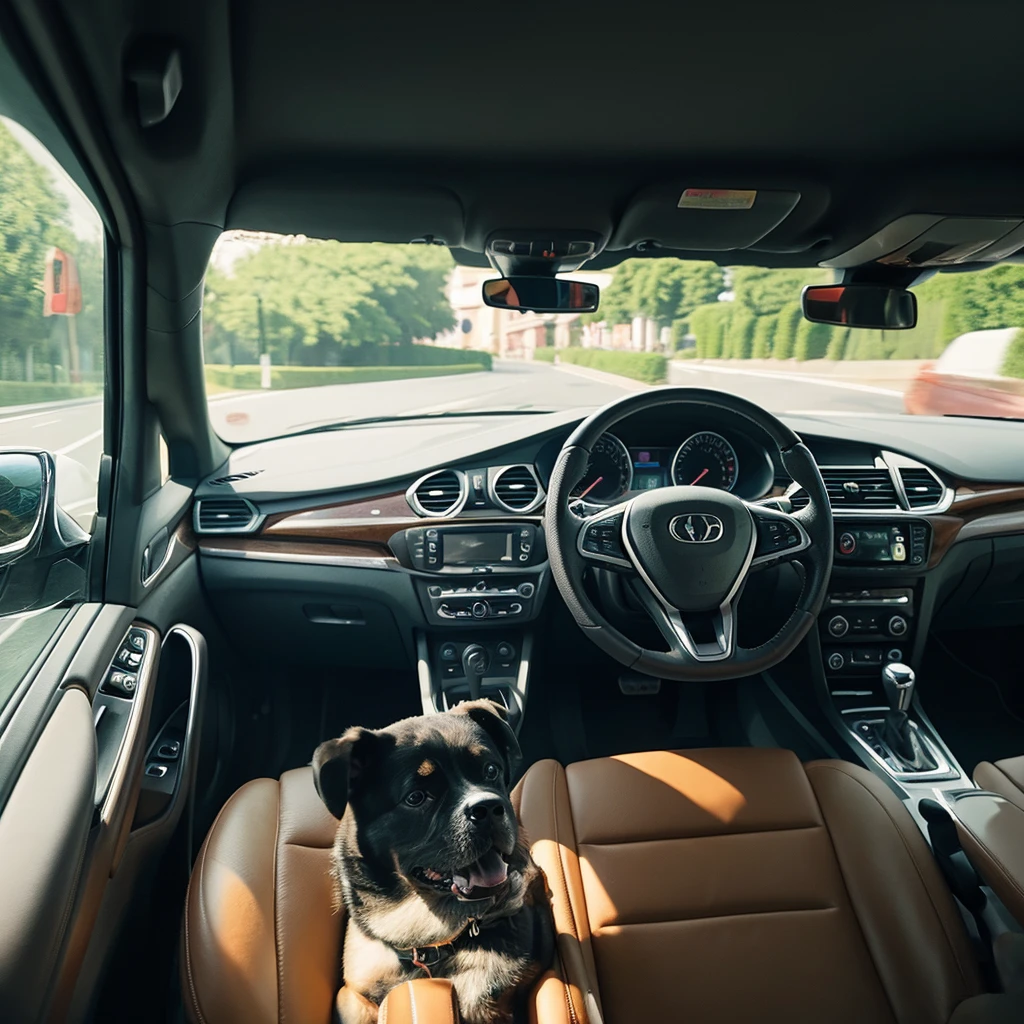 A dog inside a car driving down an avenue. The image is seen from the front. during the day 