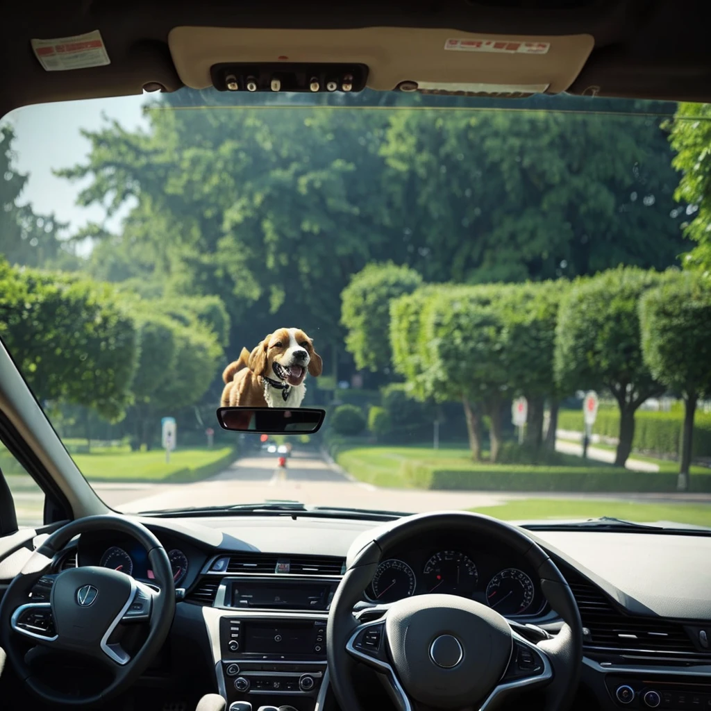 A dog inside a car driving down an avenue. The image is seen from the front. during the day