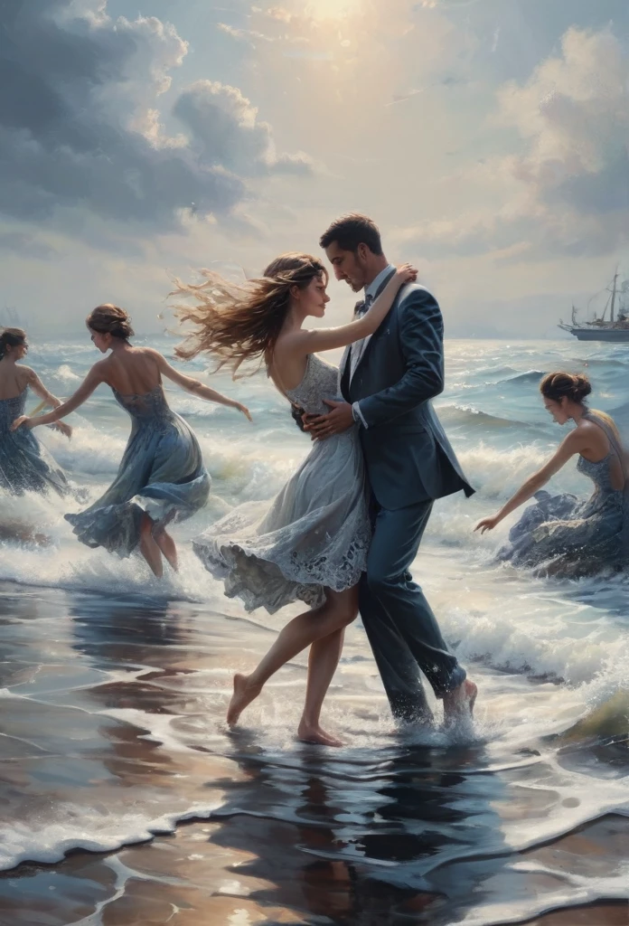 People Dancing on the Sea Surface, best quality, masterpiece, very aesthetic, perfect composition, intricate details, ultra-detailed