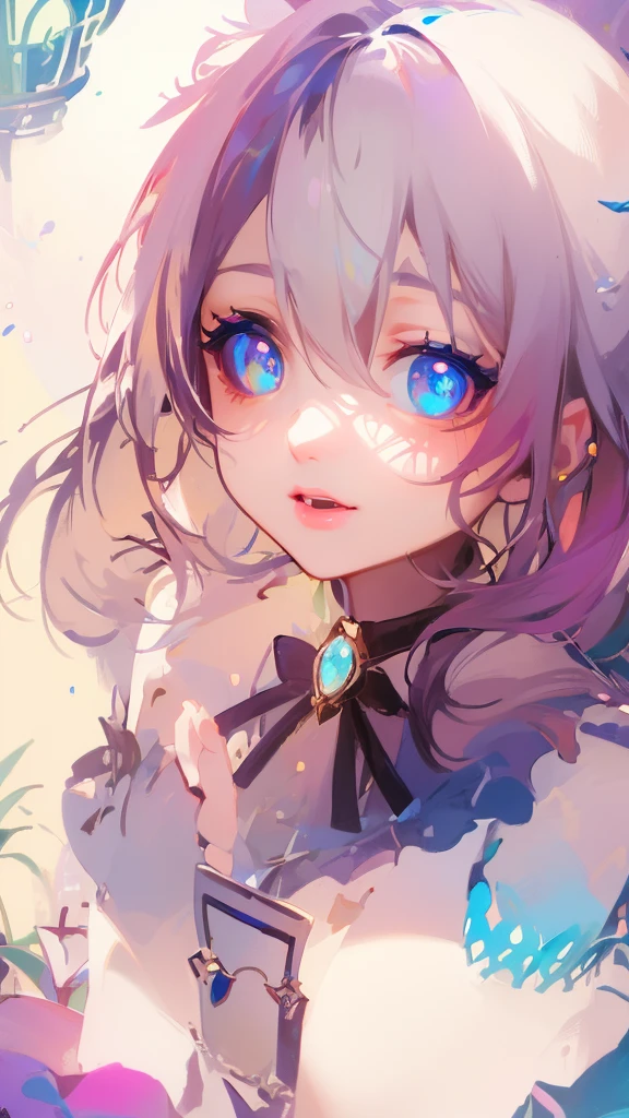 a beautiful young woman with detailed eyes and delicate facial features, floating in a colorful, whimsical scene with disheveled hair, surrounded by vibrant splashes of water, shimmering bubbles, and a lush, mushroom-filled forest in the background, (best quality, 4k, 8k, highres, masterpiece:1.2), ultra-detailed, (realistic, photorealistic, photo-realistic:1.37), detailed eyes, beautiful detailed lips, extremely detailed eyes and face, long eyelashes, 1girl, digital art, intricate, highly detailed, vivid colors, colorful, fantasy, magical, dreamlike, surreal