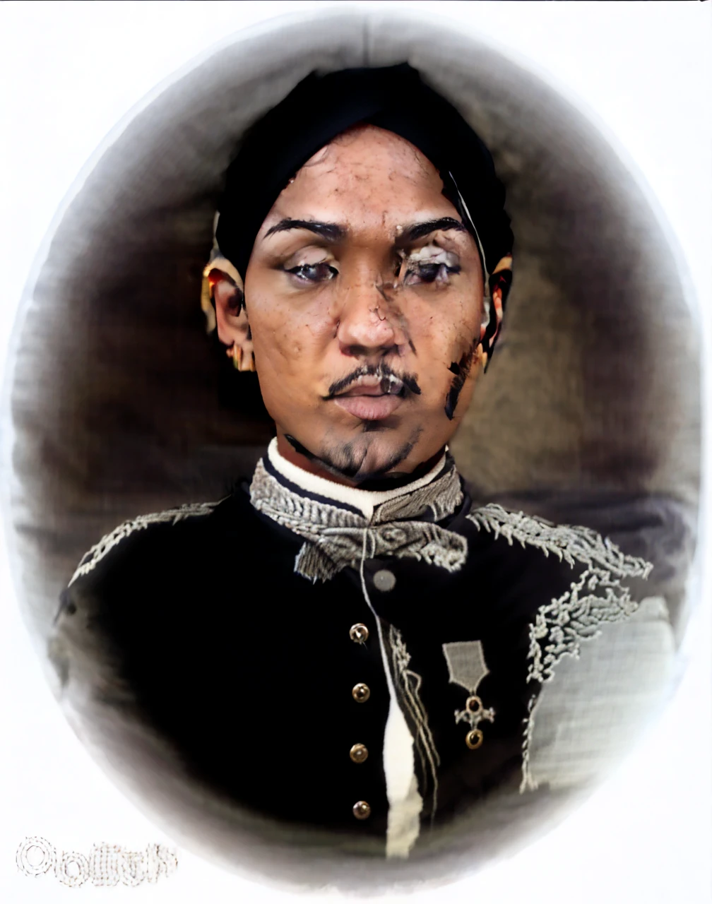 Indonesian Muslim man, aged 45 years or above, naturally wrinkled brown skin, wearing a high black head covering with detailed patterns and Kanigaran style clothes with the nuances of a great king, clear round glaring eyes, long eyebrows, small sharp nose, slightly thick lips, closed mouth, mustache Thick black, realistic HD quality images.