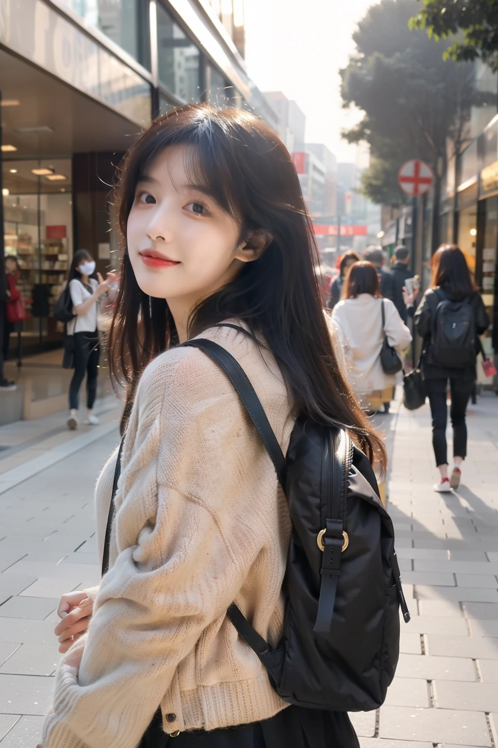 Long black hair fluttering,A beautiful girl dressed exquisitely,Walking in the shopping mall,The backpack slung over his shoulder was hanging in front of him.,The sun shines on the golden metal chain of the backpack,