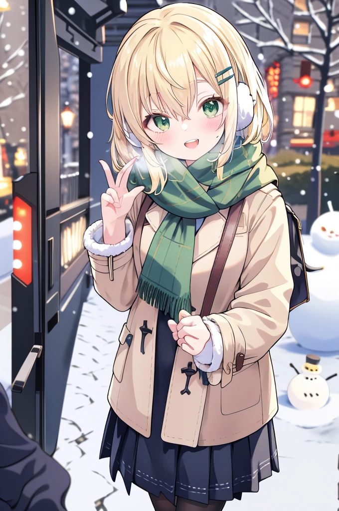 -galgame style, 1girl, green eyes, hair ornament, scarf, outdoors, looking at viewer, open mouth, coat, blonde hair, plaid, plaid scarf, bag, smile, snow, blush, bangs, long sleeves, pov, holding, fur trim, hair between eyes, holding bag, hairclip, earmuffs, winter, :d, snowman, blue coat, door, day, fur-trimmed coat, waving, pov hands, solo focus, ground vehicle, skirt, winter clothes, green scarf, blurry, standing, upper teeth only, fringe trim, open clothes, teeth, sweater, breath, short hair