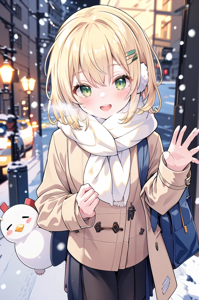 -galgame style, 1girl, green eyes, hair ornament, scarf, outdoors, looking at viewer, open mouth, coat, blonde hair, plaid, plaid scarf, bag, smile, snow, blush, bangs, long sleeves, pov, holding, fur trim, hair between eyes, holding bag, hairclip, earmuffs, winter, :d, snowman, blue coat, door, day, fur-trimmed coat, waving, pov hands, solo focus, ground vehicle, skirt, winter clothes, green scarf, blurry, standing, upper teeth only, fringe trim, open clothes, teeth, sweater, breath, short hair