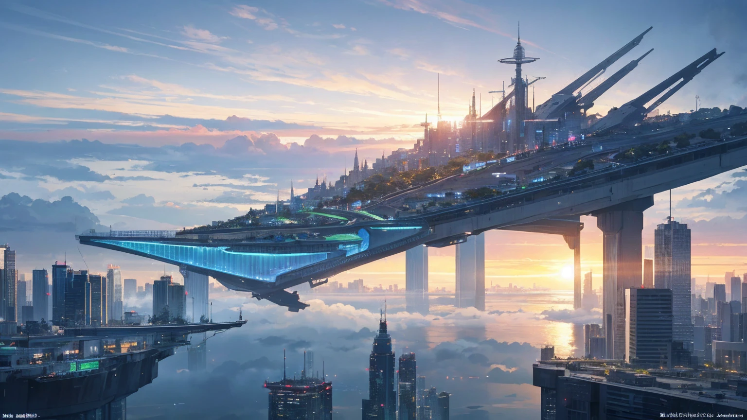 (Best quality,4K,8K,A high resolution,Masterpiece:1.2),Ultra-detailed,(Realistic,Photorealistic,photo-realistic:1.37),Futuristic floating city,Futuristic technology,Huge urban high-tech tablet platform,Airship,Floating in the sky,Futuristic city,Small airships around,High-tech hemispherical platform,Colorful lights,Advanced architecture,modernn architecture,skyscrapper,Access the cloud,Scenic beauty,view over city,Impressive design,Blend seamlessly with nature,energetic and vibrant atmosphere,Futuristic transportation system,Parking is suspended,Transparent path,Lush greenery,Sky gardens,cascading waterfalls,Magnificent skyline,reflections on the water,Sparkling river,Architectural innovation,futuristic skyscrapers,Transparent dome,The shape of the building is unusual,Elevated walkway,Impressive skyline,Glowing lights,Futuristic technology,Minimalist design,Scenic spots,Panoramic view,Cloud Piercing Tower,Vibrant colors,epic sunrise,epic sunset,Dazzling light display,magical ambiance,The future city,Urban Utopia,LuxuryLifestyle,Innovative energy,sustainable development,Smart city technology,Advanced infrastructure,Tranquil atmosphere,Nature and technology live in harmony,Awesome cityscape,Unprecedented urban planning,Architecture connects seamlessly with nature,High-tech metropolis,A cutting-edge engineering marvel,The future of urban living,Visionary architectural concept,Energy-efficient buildings,Harmony with the environment,A city floating above the clouds,Utopian dreams become reality,The possibilities are endless,State-of-the-art transportation network,Green energy integration,Innovative materials,Impressive holographic display,Advanced communication system,Breathtaking aerial view,Quiet and peaceful environment,Modernist aesthetics,Ethereal beauty