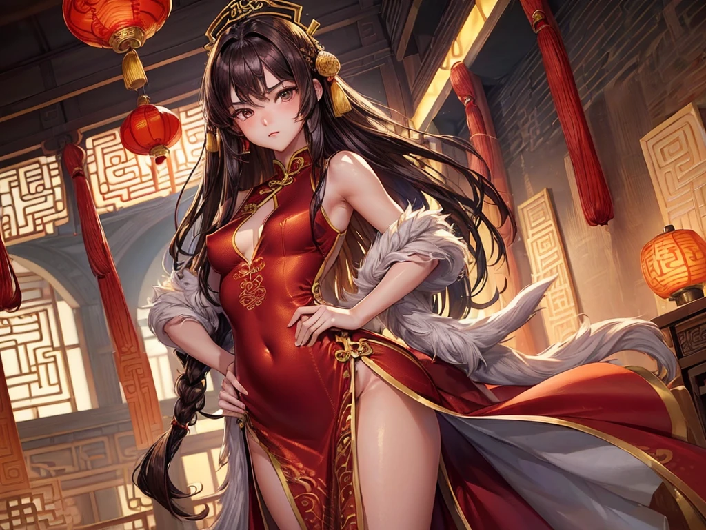 (((depict age girl))), long brown hair, straight hair, brown eyes, Chinese jewelry, sexy pose, small breasts, shy, focused, (nice hips), (show hips), (open hips), (((ftight chinese dress))), red dress, (no underwear), (show breasts), (shape of the nipples), (((Masterpiece, Excellent, complex details))), (delicate girl), (delicate face), make up