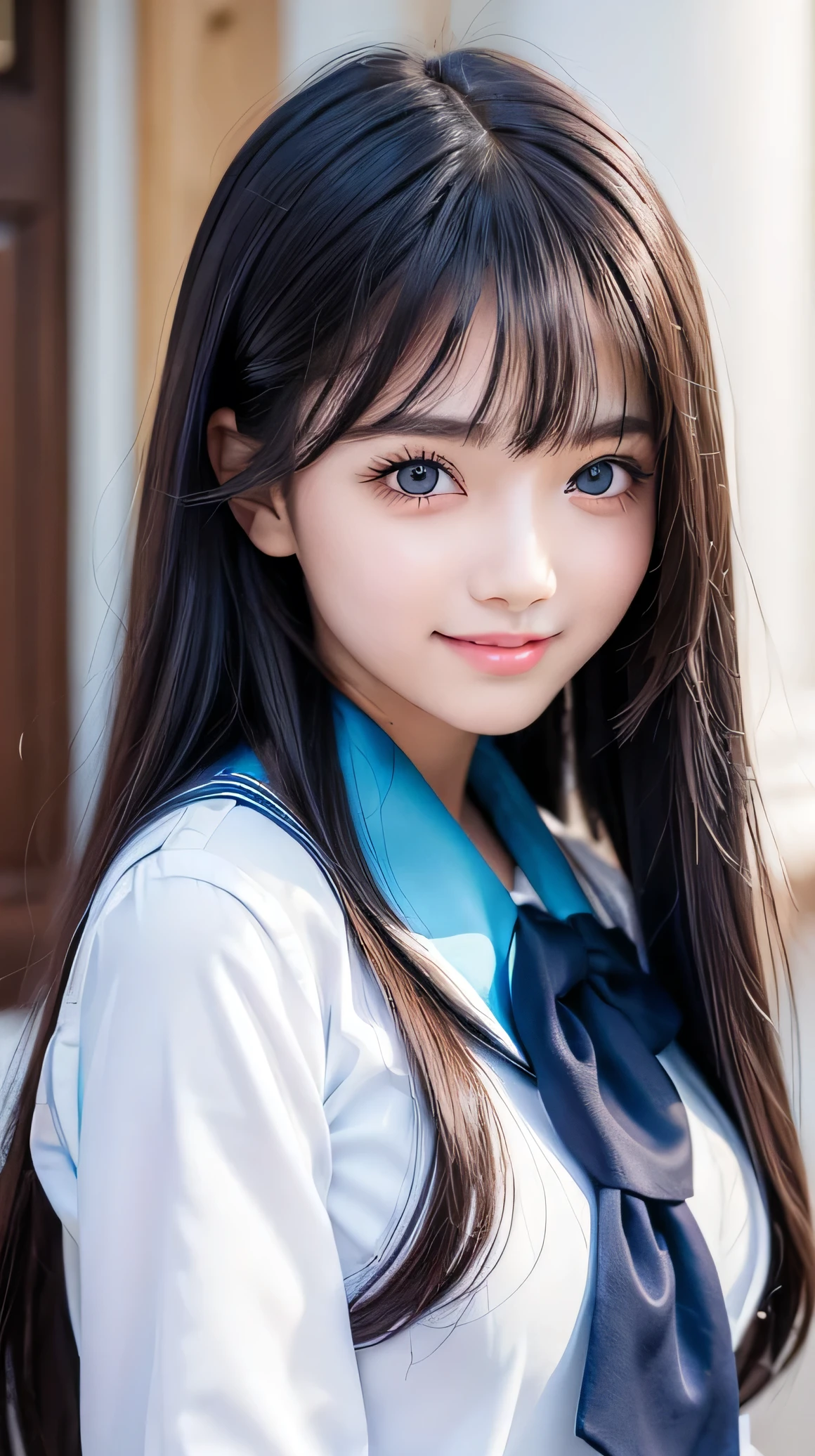 (Very beautiful  cute girl), (very  cute face:1.2),, (sparking crystal clear attractive large eyes), best looks, Beautiful detailed eyes, Detailed double eyelids, (smiling), (realistic photograph:1.2), long straight hair,(dark blue sailor high school uniforms:1.1)