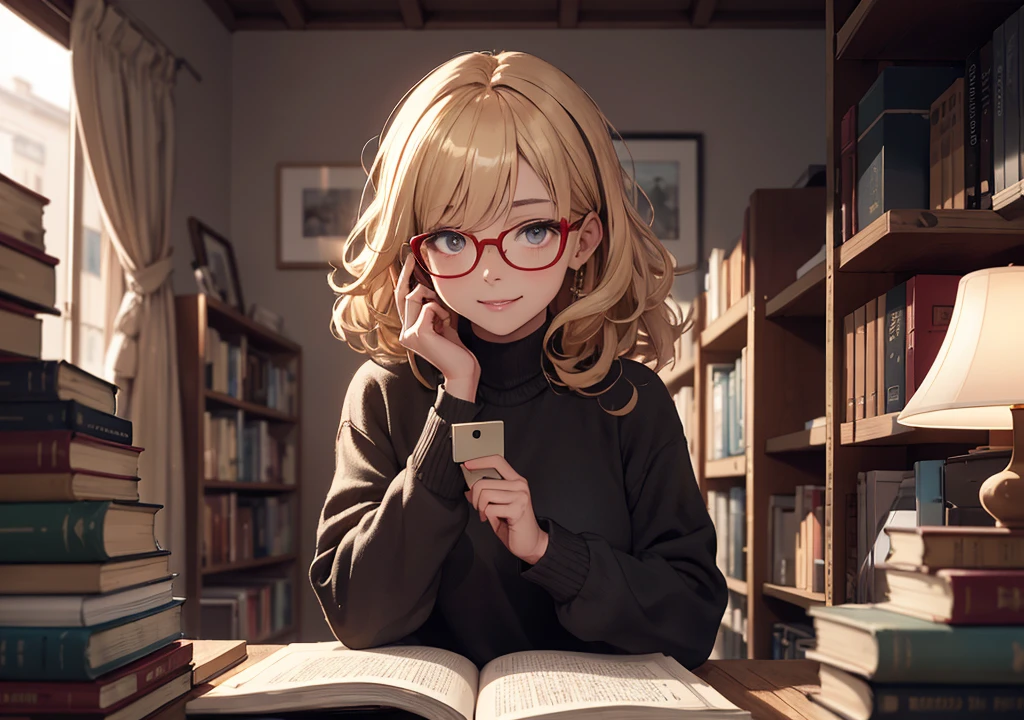 Realistic photos, Focus distance 10mm, Red and white, A big smile, Curly blonde hair, Beautiful girl, Realistic photos, Focus distance 10mmで撮影, masterpiece, 最high quality, high quality, Very detailed CG 8k wallpaper unit, Award-winning photography, Bokeh, Depth of written boundary, High resolution, bloom, chromatic aberration, Realistic, Very detailed, Art Station Trends, CGsociety Trends, Complex, High detail, dramatic, Art on the go, volumetric lighting, In front of a large bookshelf、A beautiful girl wearing glasses and engrossed in reading。There are piles of old books around her.。