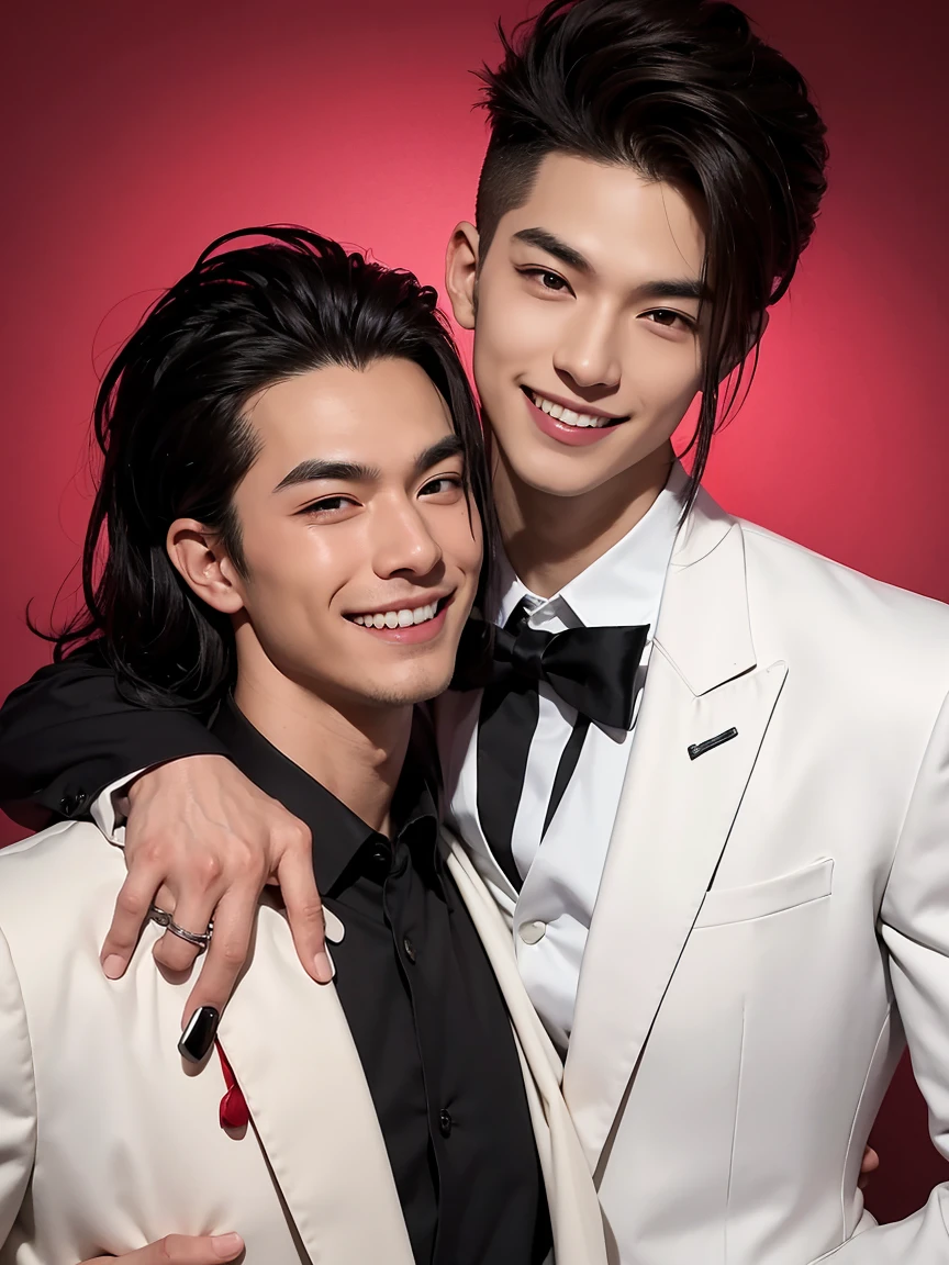 A man with black hair, pink highlights, black eyes, a handsome face, two moles under the eyes, a mischievous smile, eyebrow piercing, nose piercing, wearing a Spider-Man costume. Face looks like a Chinese man A little muscular sexy poses and hugged the neck of a tall man with white hair, red eyes, and a mischievous smile. Wear a white suit and have long hair. His face was handsome, tall, muscular, and smiling. He held a katana.