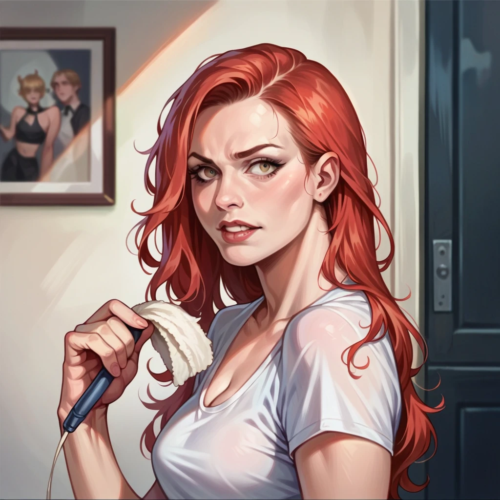 a photorealistic European woman , Alter 30, as a cleaning assistant in a 1 room apartment, Red-Haired, lightly dressed, raw photo, cinematic material 