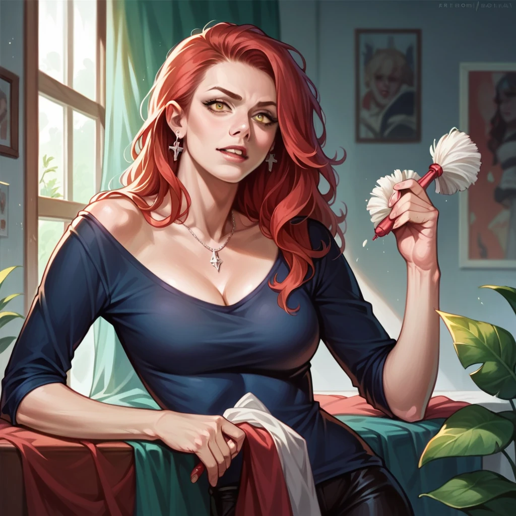 a photorealistic European woman , Alter 30, as a cleaning assistant in a 1 room apartment, Red-Haired, lightly dressed, raw photo, cinematic material 