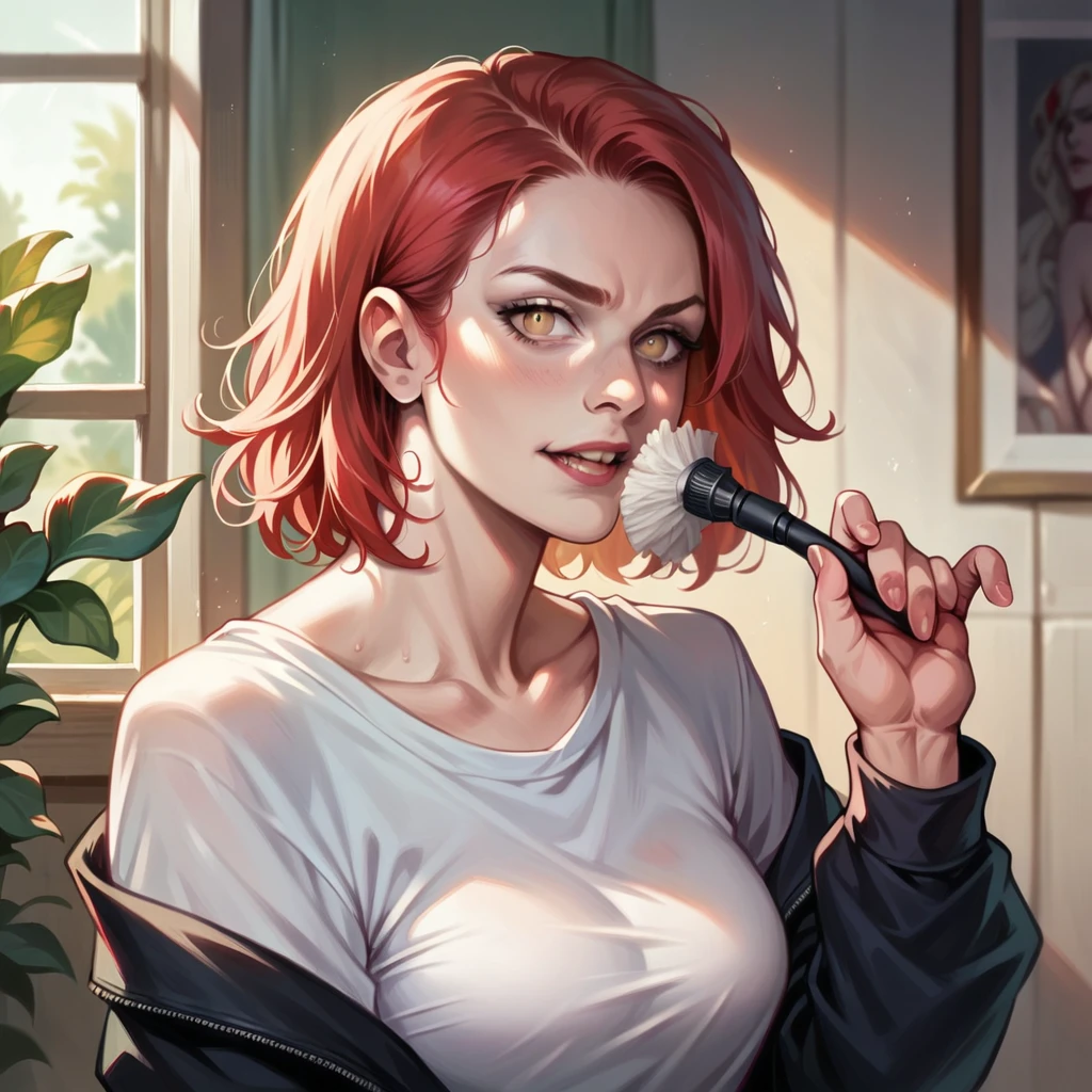 a photorealistic European woman , Alter 30, as a cleaning assistant in a 1 room apartment, Red-Haired, lightly dressed, raw photo, cinematic material