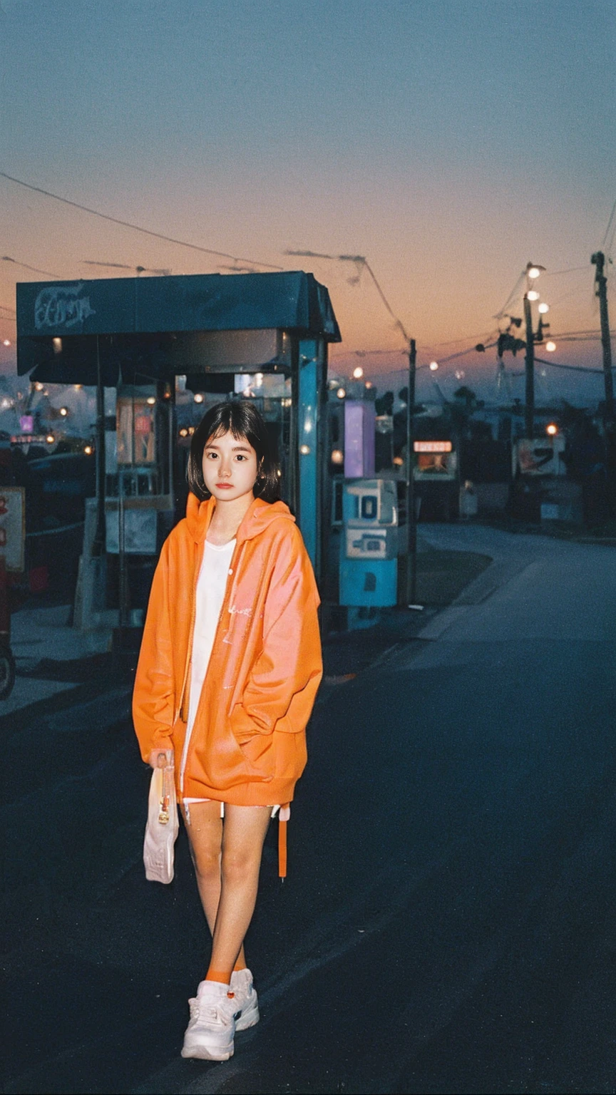 photo cinematic, photograph long shot portraits by Wes Anderson, cute 23 yo girl ,fokus, ((bokeh)) ,wear ((orange color oversized_hoodie)), wear ((purple tennis skirt)),looking front,Best Quality,Masterpiece,Ultra High Resolution,(Realisticity:1.4),Original Photo, 1Girl, light leak,ultra high resolution,UHD,beautiful, (black bob hair), almond eye, no makeup, in front of (80's gas station), (realistic:1.2), (surreal:1.3), (very detailed:1.1), ((masterpiece)),summer, blue sky, palm trees,sunny, los angles vibes,film camera, 800mm lens,style of Philip Lorca diCorcia