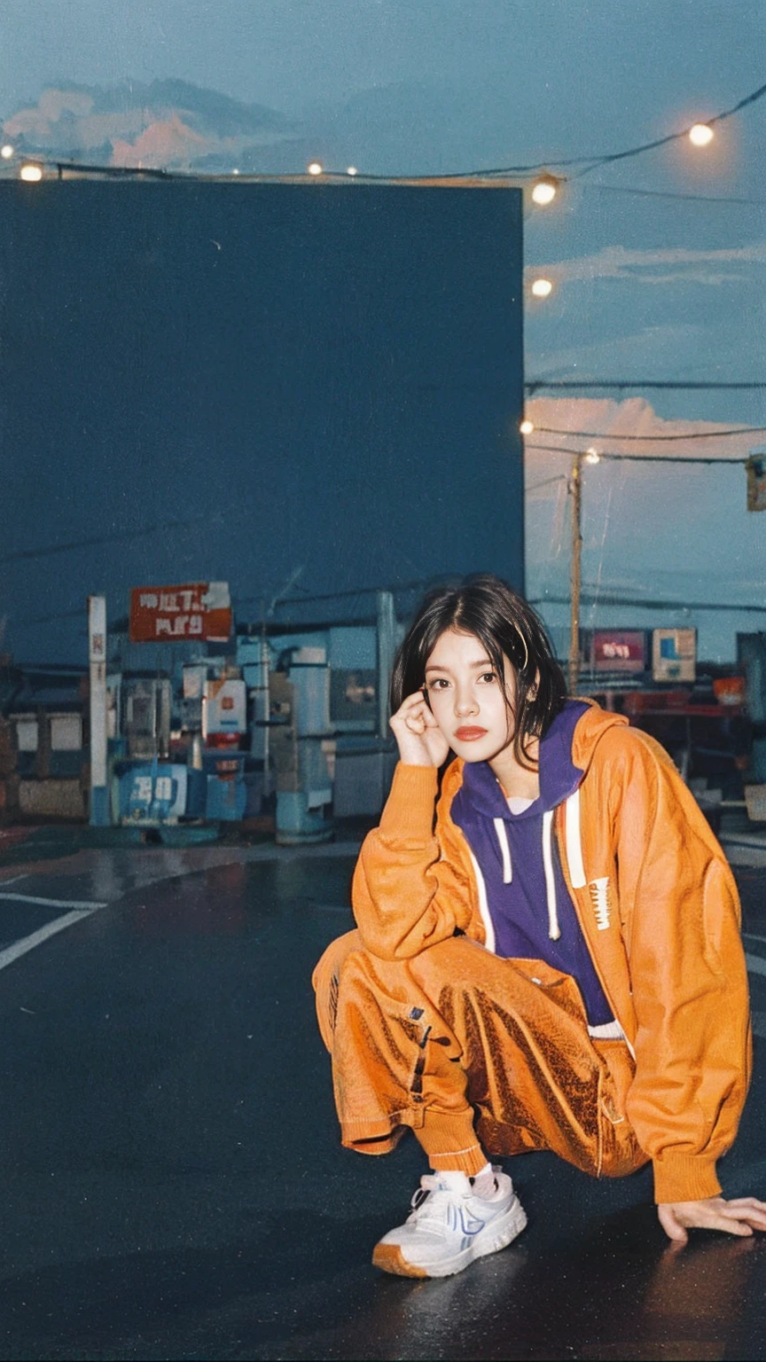 photo cinematic, photograph long shot portraits by Wes Anderson, cute 23 yo girl ,fokus, ((bokeh)) ,wear ((orange color oversized_hoodie)), wear ((purple tennis skirt)),looking front,Best Quality,Masterpiece,Ultra High Resolution,(Realisticity:1.4),Original Photo, 1Girl, light leak,ultra high resolution,UHD,beautiful, (black bob hair), almond eye, no makeup, in front of (80's gas station), (realistic:1.2), (surreal:1.3), (very detailed:1.1), ((masterpiece)),summer, blue sky, palm trees,sunny, los angles vibes,film camera, 800mm lens,style of Philip Lorca diCorcia