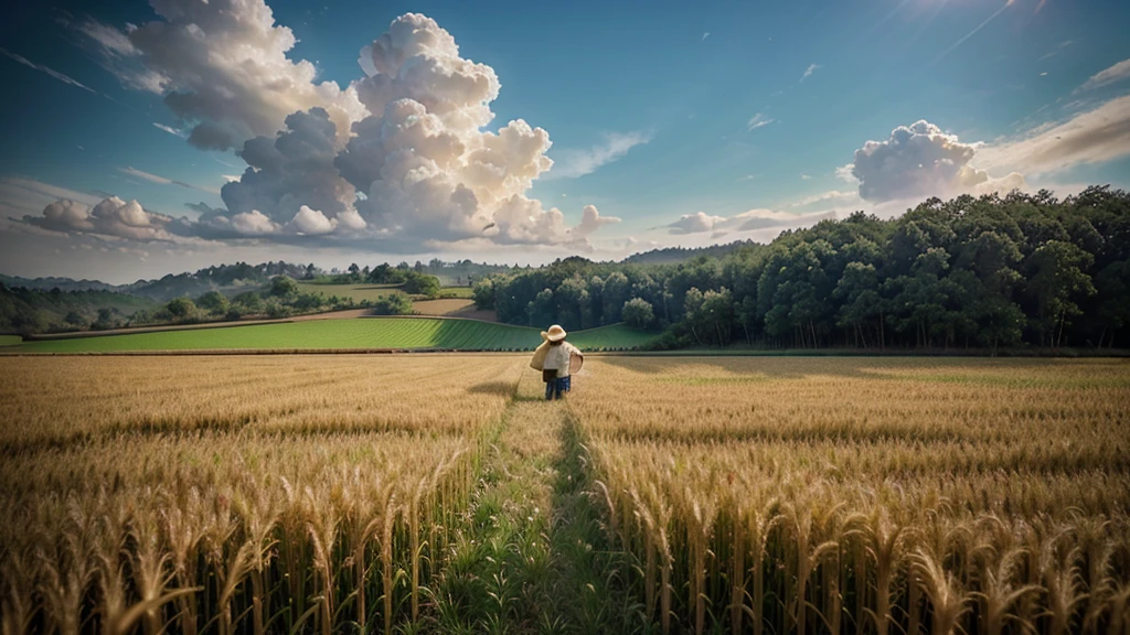 Wheat field, a farmer uncle with a straw hat standing in a wheat field, big clouds, blue sky, rice field, neat rice seedlings in the field, forest, hillside, secluded, rural, HD detail, hyper-detail, cinematic, surrealism, soft light, deep field focus bokeh, ray tracing and surrealism. --v6