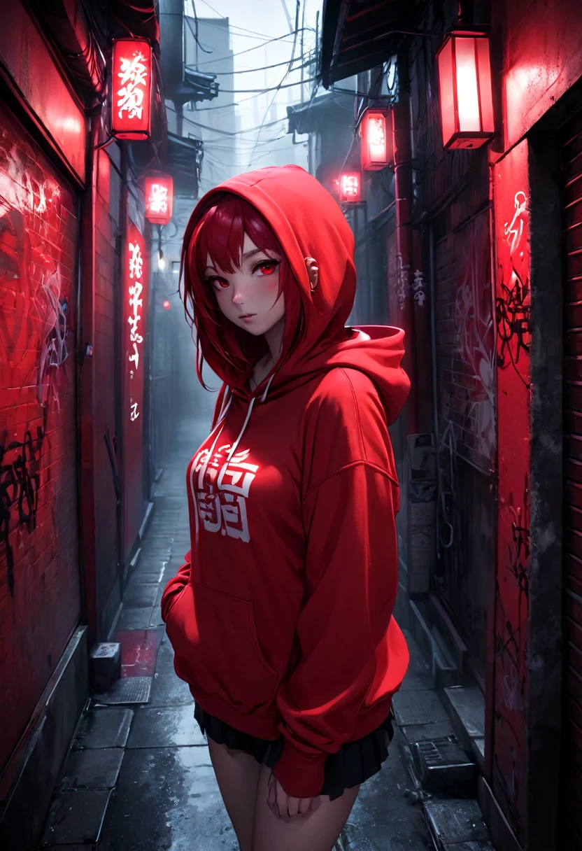 1girl, red hoodie, wearing the hood, looking at camera, red hair, red eyes, dark alley, red graffiti, japanese led, fog, 8k, ambient occlussion, focus on subject