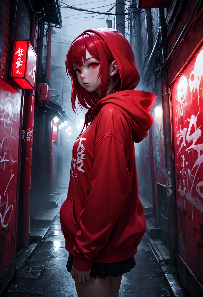 1girl, red hoodie, wearing the hood, looking at camera, red hair, red eyes, dark alley, red graffiti, japanese led, fog, 8k, ambient occlussion, focus on subject