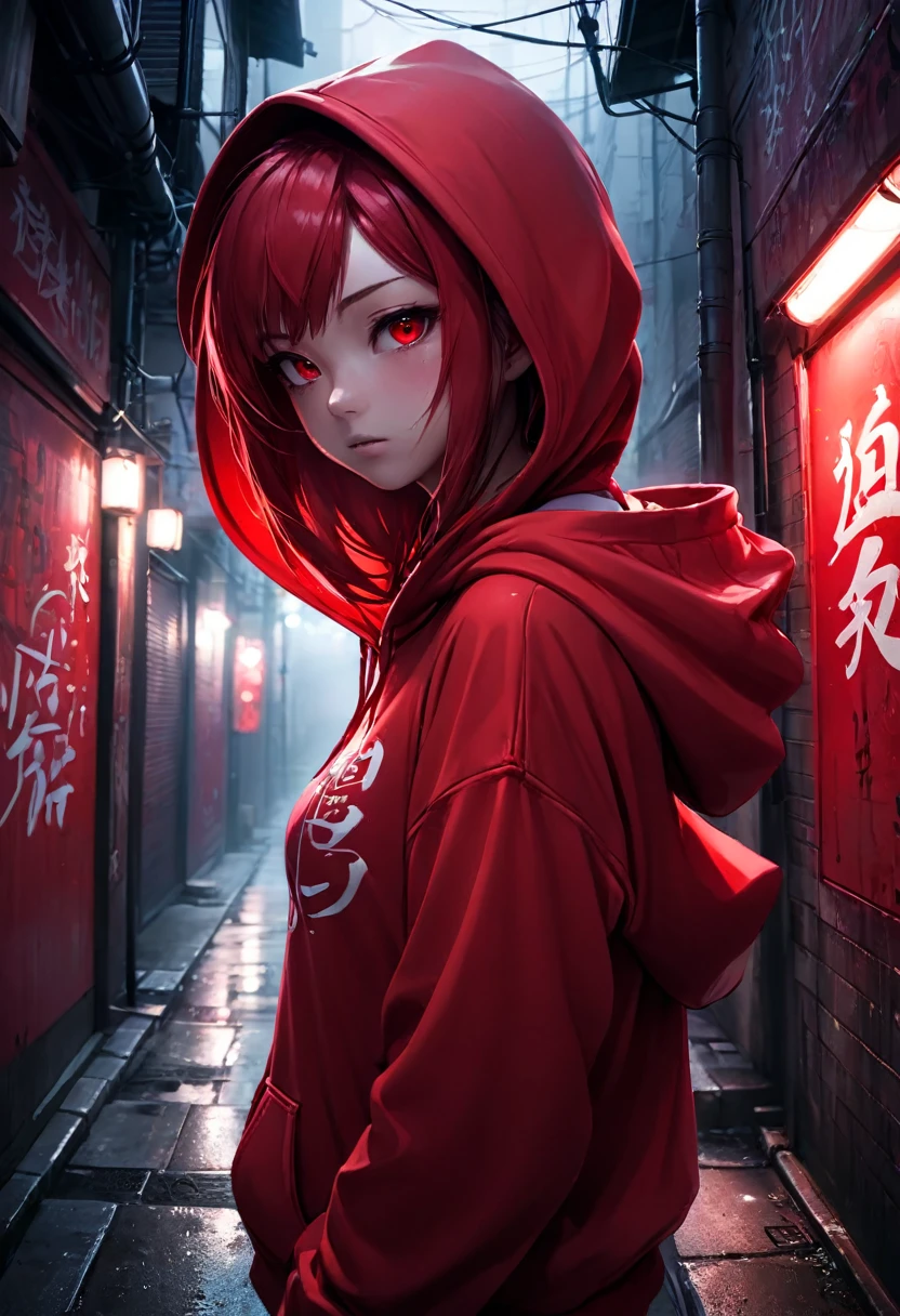 1girl, red hoodie, wearing the hood, looking at camera, red hair, red eyes, dark alley, red graffiti, japanese led, fog, 8k, ambient occlussion, focus on subject