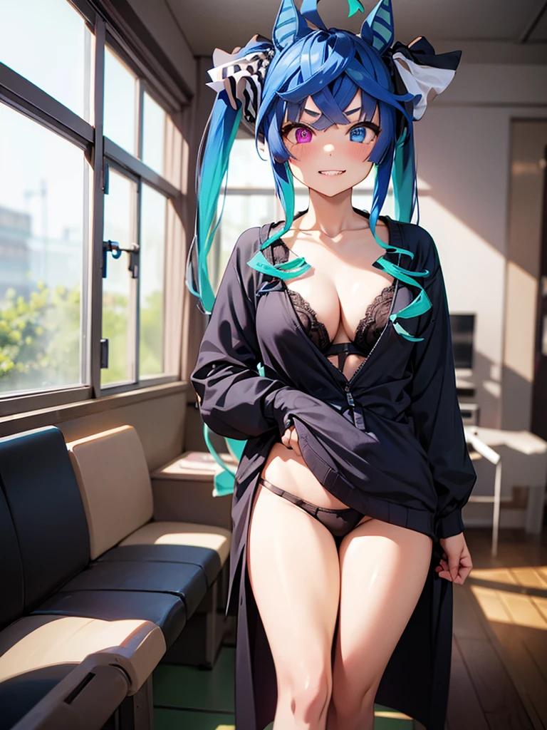 (top-quality、hight resolution), A scene in which a customer meets a designated sex worker in a waiting room. The scene is seen from the customer's point of view and depicts the sex worker approaching with a professional and friendly smile. The waiting room is simply decorated. The sex worker is wearing an attractive outfit and thin plumage and is confident and attractive. The sex worker says to the customer, "I'm not a sex worker. Thank you for your appointment. Please come this way. I look forward to working with you today." Twin_Turbo_Umamusume, aqua hair, twintails, heterochromia, purple eyes, blue eyes, sharp teeth, multicolored hoodie, hores tails, nsfw, Lingerie set, 1girl, Short stature