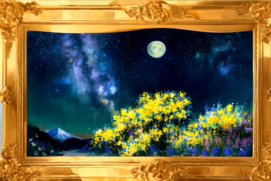 Mountain, forest, Starry Sky ,Yellow Full Moon, Intricate details,make flowers bloom,Sea of Flowers,Fantastic、Monet、vivid、oil、