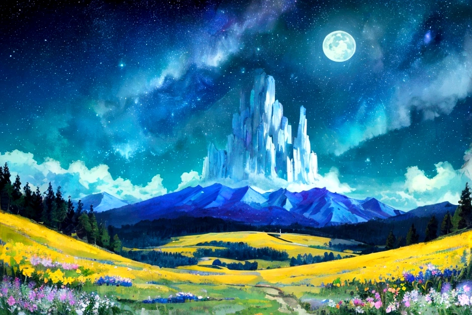Mountain, forest, Starry Sky ,Yellow Full Moon, Intricate details,make flowers bloom,Sea of Flowers,Fantastic、Monet、vivid、oil、