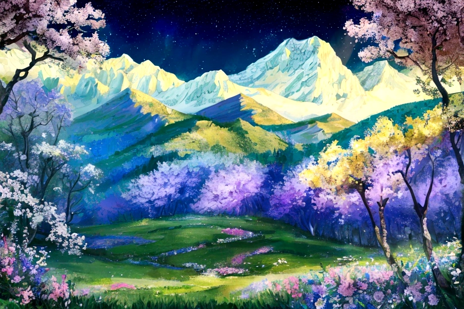 Mountain, forest, Starry Sky ,Yellow Full Moon, Intricate details,make flowers bloom,Sea of Flowers,Fantastic、Monet、vivid、oil、