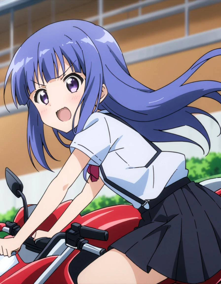 score_9, score_8_up, score_7_up, score_6_up, source_anime,,,,1girl, solo, furude rika, (tween:1), kawaii, blue hair, purple eyes, long hair, blunt bangs, bangs, bow, skirt, shirt, suspenders, smile, short sleeves, pleated skirt, white shirt, open mouth, red bow, ^_^, suspender skirt, , black skirt, collared shirt, blush, bowtie, blunt bangs, dress shirtt, , anime coloring.serious,(a girl riding a motorcycle at full speed:1.3),(from side),),,,(serious expression:1.1)、