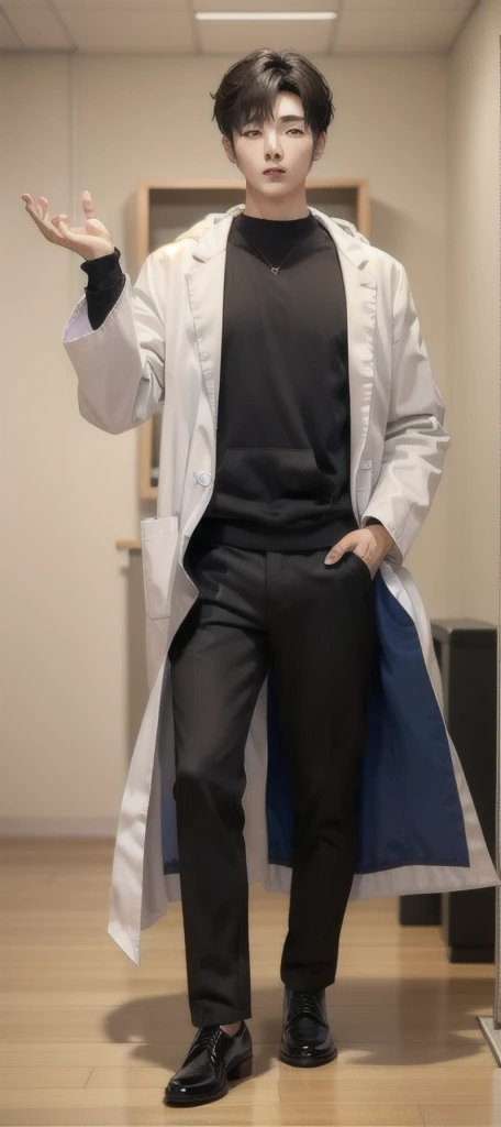 (Fair skin),((white lab coat)), (black hoodie underneath),Iris,(gender: Natural Face),(Japanese),(leather shoes),long body,handsome young asian man, Japanese idol style, short clean-cut hair, (center part), calm confident expression, hands in lab coat pockets, plain white background, portrait, high quality, detailed, 8K