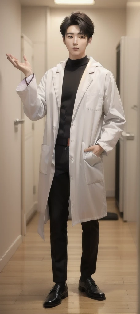 (Fair skin),((white lab coat)), (black hoodie underneath),Iris,(gender: Natural Face),(Japanese),(leather shoes),long body,handsome young asian man, Japanese idol style, short clean-cut hair, (center part), calm confident expression, hands in lab coat pockets, plain white background, portrait, high quality, detailed, 8K