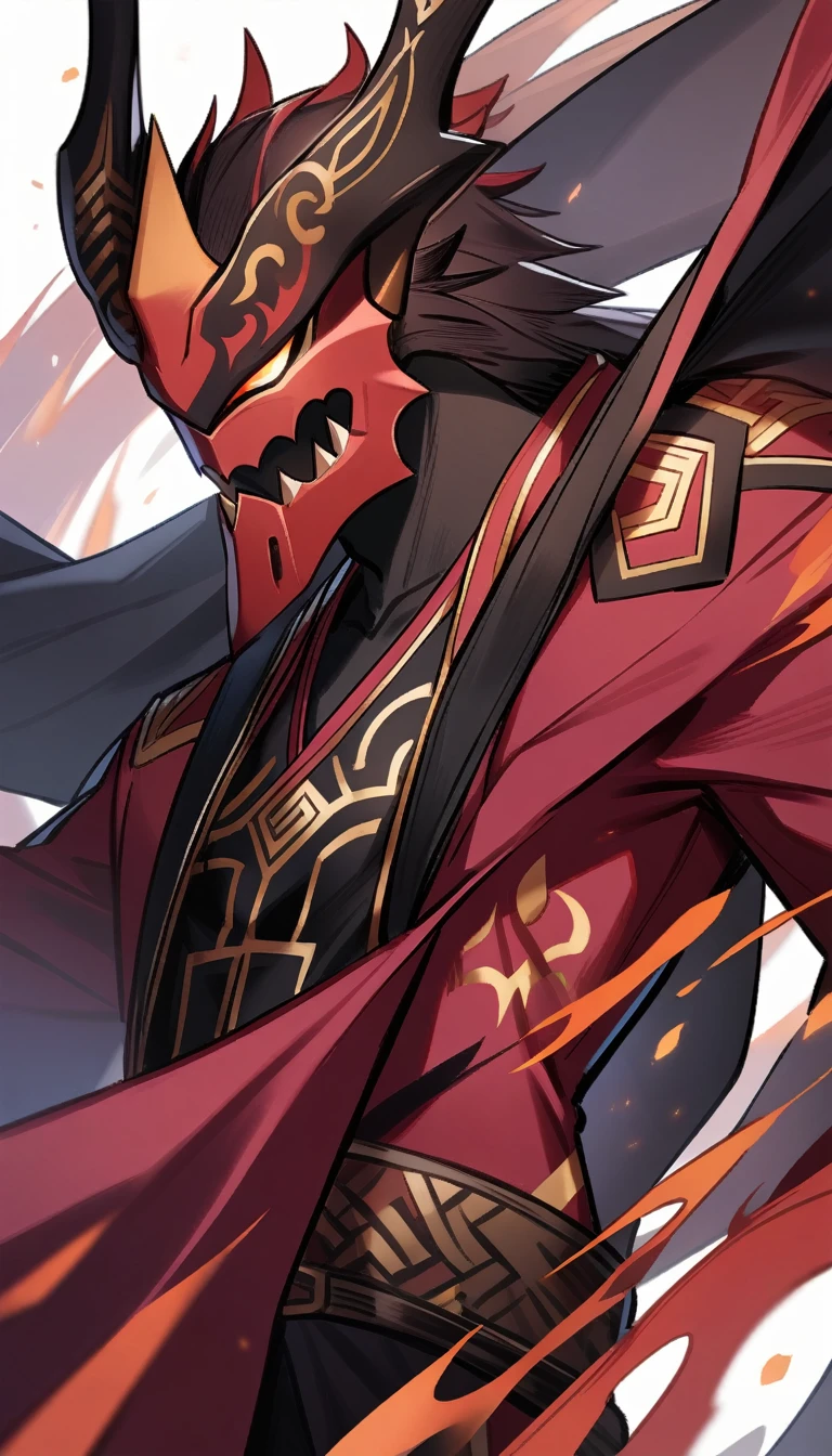 1 young man,Wearing red Lord Fu's clothes,holding a sword in the left hand, focus man,Masterpiece, best quality, very beautiful,