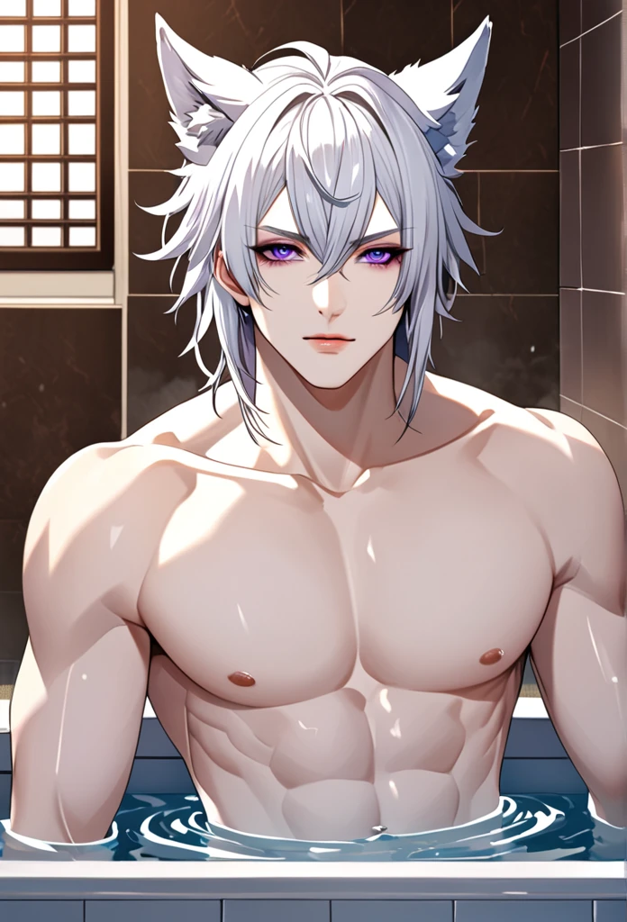 create panel in the art style of mo dao zu shi hybrid character with wolf ears,masculine and dominant gender, short wolfcut white hair , purple raven iris eyes,pale skin, inside a large public bathtub, sexy expression and slim body