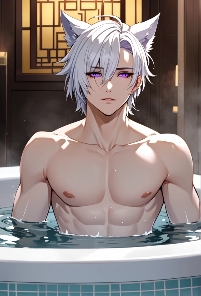 create panel in the art style of mo dao zu shi hybrid character with wolf ears,masculine and dominant gender, short wolfcut white hair , purple raven iris eyes,pale skin, inside a large public bathtub, sexy expression and slim body