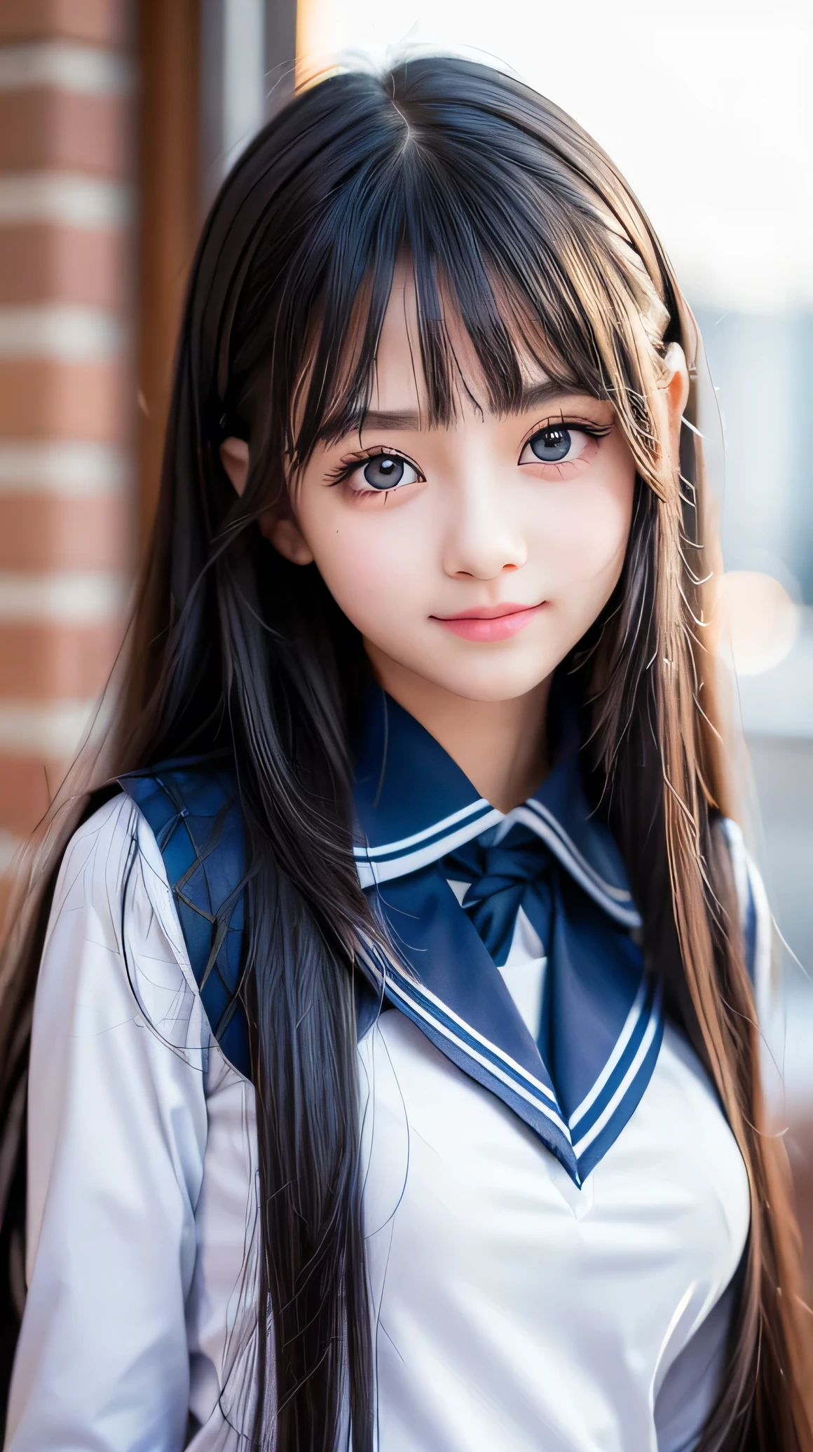 (Very beautiful cute girl), (very cute face:1.2),, (sparking crystal clear attractive large eyes), best looks, Beautiful detailed eyes, Detailed double eyelids, (smiling), (realistic photograph:1.2), long straight hair,(dark blue sailor high school uniforms:1.1)