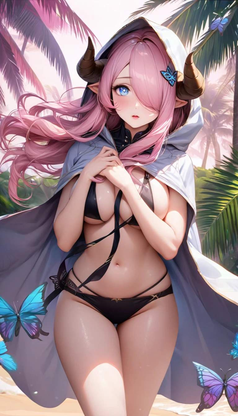 Narmeya stands wearing a black bikini and black hooded cloak on the sands of a private beach. She's smiling at you lovingly. Ethereal pink butterflies float in the background. In the background of this gorgeous and soothing image is an unoccupied white sand beach with a tranquil and mesmerizing ocean visible behind Narmaya. The image is extremely detailed with perfected anatomy. The lighting highlights her body in ways that arouses the viewer. Her expression is extremely seductive and confident. The image is life-like and semi-realistic. Extreme detail has been put into the shading.

(masterpiece), best quality, expressive eyes, perfect face, ocean background, white sand beach, private beach, ethereal pink butterflies, seductive, erotic, 8k, absurdres, narmaya, pink hair, blue eye with pink pupil, hair over eye, draph, horns, butterfly hair clip,