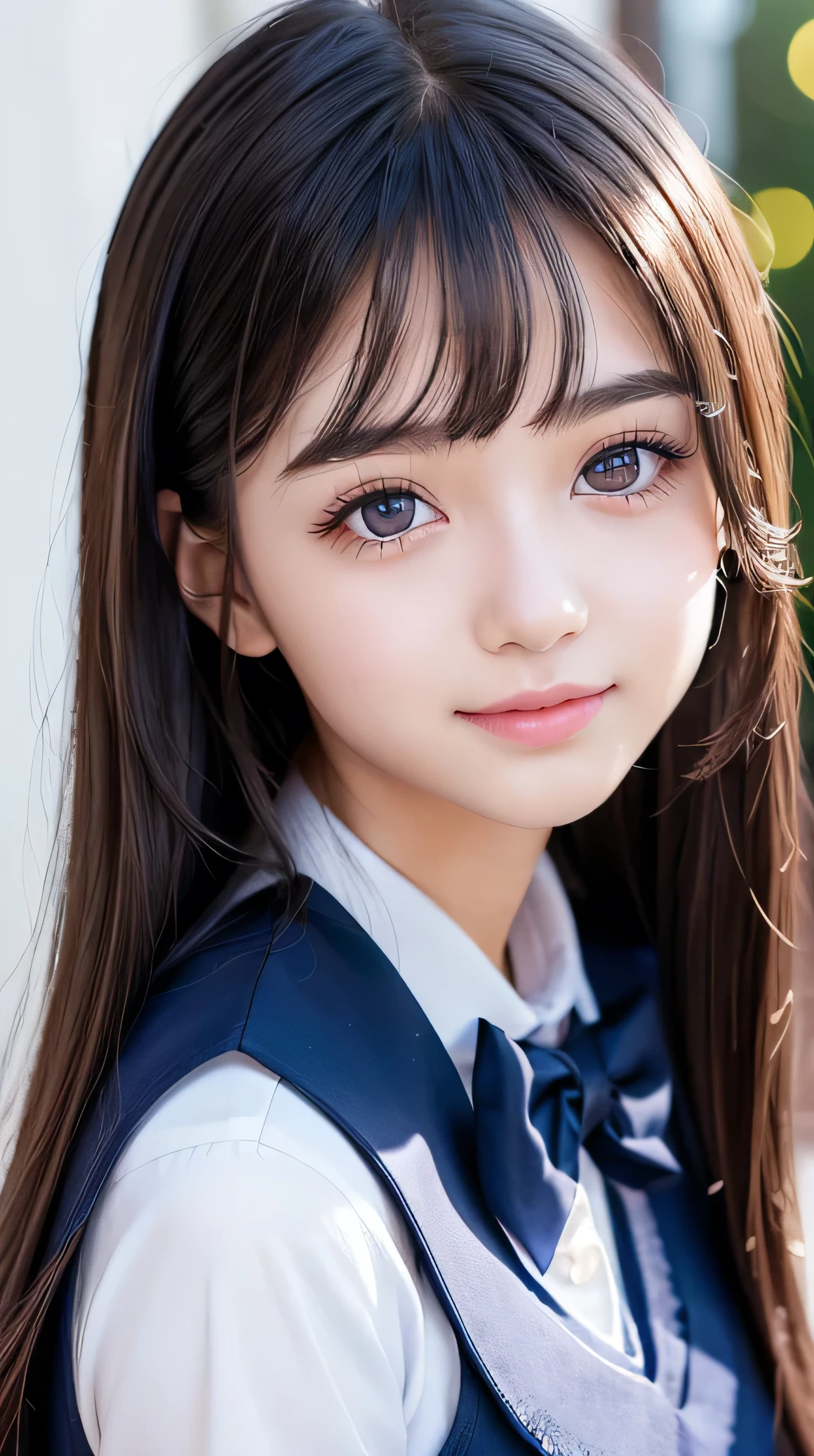 (Very beautiful cute girl), (very cute face:1.2),, (sparking crystal clear attractive large eyes), best looks, Beautiful detailed eyes, Detailed double eyelids, (smiling), (realistic photograph:1.2), long straight hair,(dark blue sailor high school uniforms:1.1)