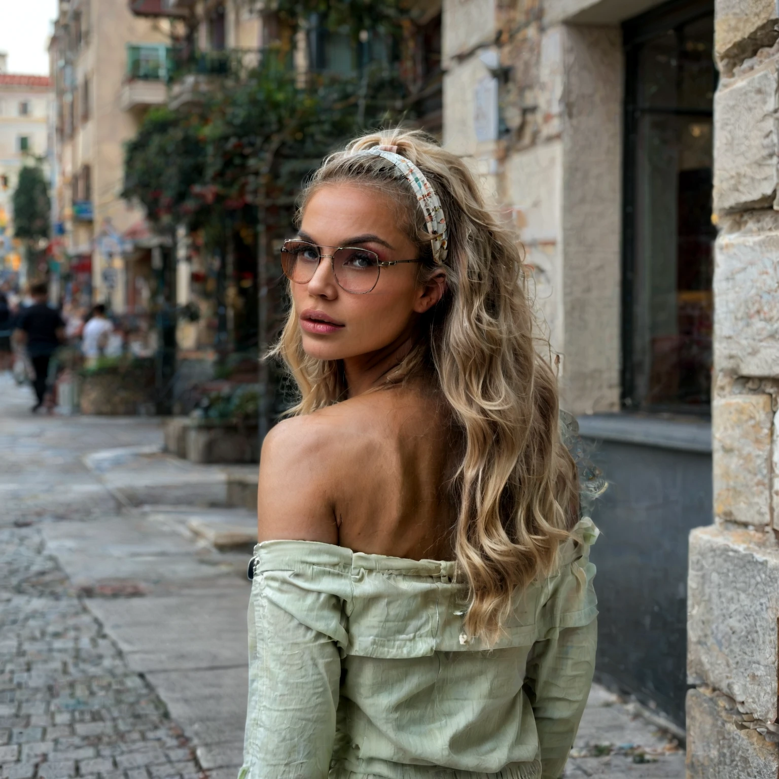 Real, realistic, real life D0rth3a, close-up, long blonde hair, curled hair, lime green off the shoulder blouse, oversized Brown square sunglasses, headband, facing away, looking back, hand touching hair, bronze eyeshadow, outdoor, urban, flirty