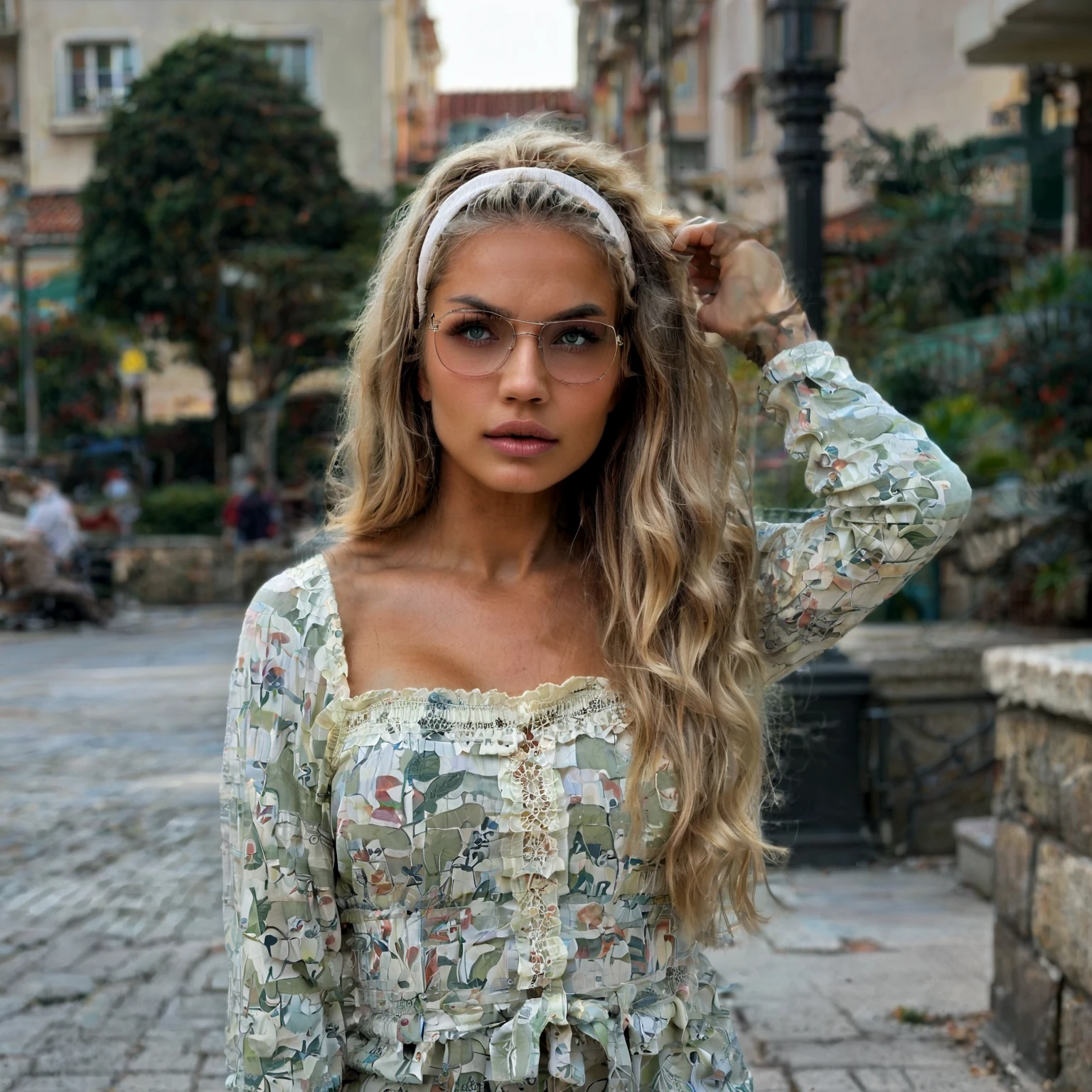 Real, realistic, real life D0rth3a, close-up, long blonde hair, curled hair, lime green off the shoulder blouse, oversized Brown square sunglasses, headband, facing away, looking back, hand touching hair, bronze eyeshadow, outdoor, urban, flirty